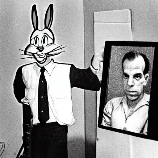 Prompt: bugs bunny as lee harvey oswald getting a mugshot taken