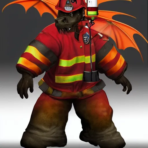 Image similar to a photorealistic muscular dragon firefighter,