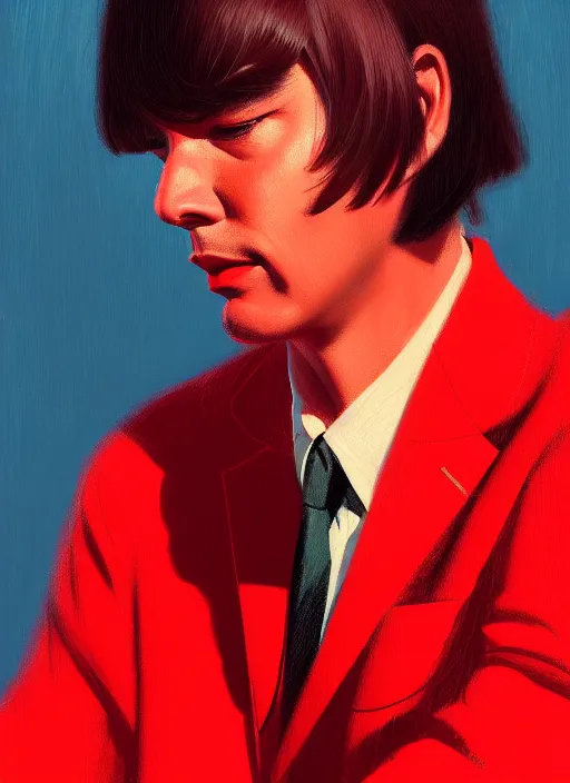 Prompt: portrait of tom jobim with bangs, 1 9 6 0 s, long hair, red clothes, bangs, intricate, elegant, glowing lights, highly detailed, digital painting, artstation, concept art, smooth, sharp focus, illustration, art by wlop, mars ravelo and greg rutkowski