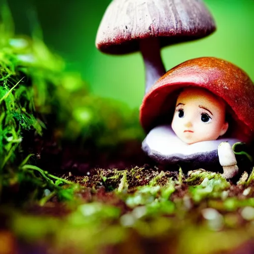 Image similar to tiny emma watson living under a mushroom. macro photography.