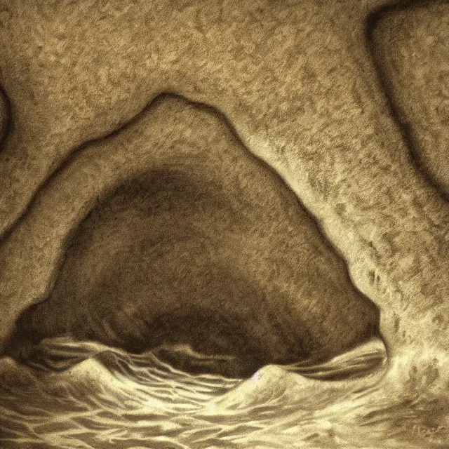 Image similar to photorealistic sepia painting of the mouth of a sea cave on the jamaican shoreline, dark, brooding, atmospheric, lovecraft