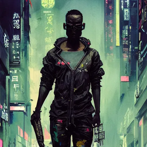 Image similar to a beautiful ukiyo painting of full body african cyberpunk blade runner, dramatic pose, wearing japanese techwear, detailed symmetrical, intricate complexity, concept art, by ismail inceoglu dragan bibin hans thoma greg rutkowski alexandros pyromallis nekro rene maritte illustrated, perfect face, fine details, realistic shaded, fine - face, pretty face