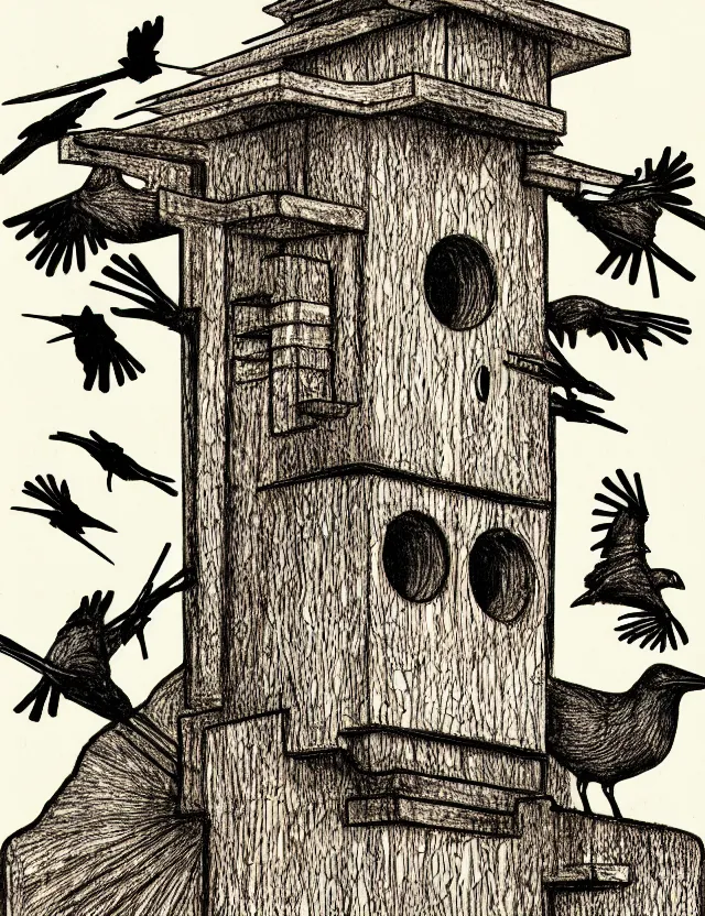 Prompt: detailed illustration of a frank lloyd wright inspired birdhouse, in the style of albrecht durer, with crows, intricate, moody, on paper