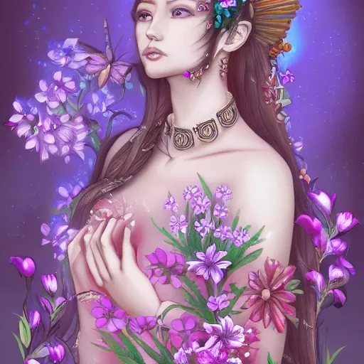 Prompt: beautiful digital drawing of a goddess with flowers surrounding her, qinni, deviantart, trending on artstation