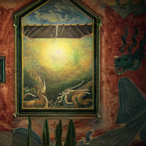 Prompt: hd photo of a fresco!! on a building, with dragon and ( falling stars ), dark faded colors, in style of henri rousseau, denoise, deblur, unreal engine, photorealism