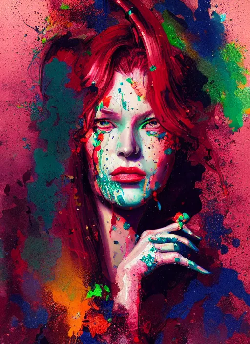 Prompt: a paint splatter portrait of a woman with very long legs vibrant color scheme, highly detailed, in the style of romanticism, cinematic, artstation, moebius, greg rutkowski