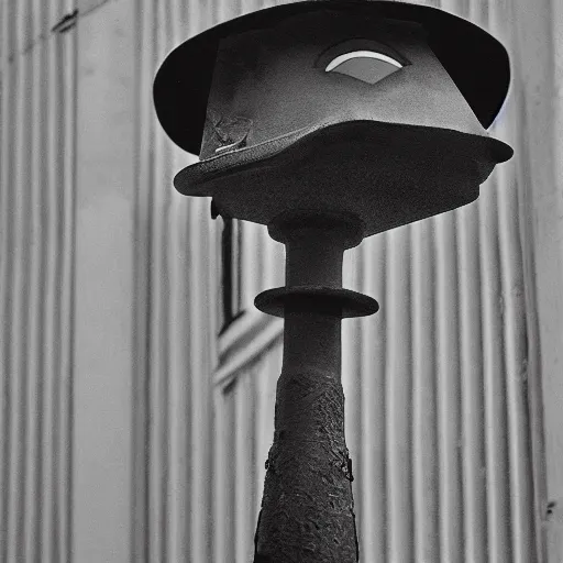 Image similar to the Babadook lurking underneath a street lamp in black and white