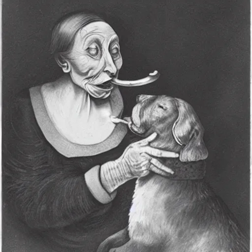 Prompt: a surrealist image of an old woman swallowing a whole dog