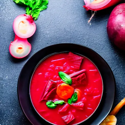 Image similar to a bowl of borscht wearing cat ears, award winning food photo, 4 k, delicious, polish food, high quality