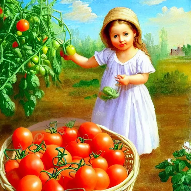 Prompt: pretty girl harvests tomatoes in his garden, soft cute colors, classical painting, nice art, soft brush