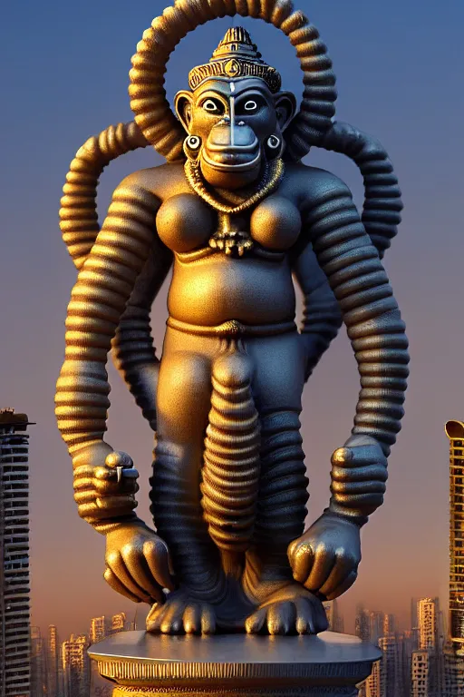 Image similar to high quality 3 d cyberpunk biomorphic hanuman! monument & buildings in mumbai!!, highly detailed, cinematic smooth, berenice abbott & john j. park, soft morning light, wide shot, high angle, uhd 8 k, sharp focus