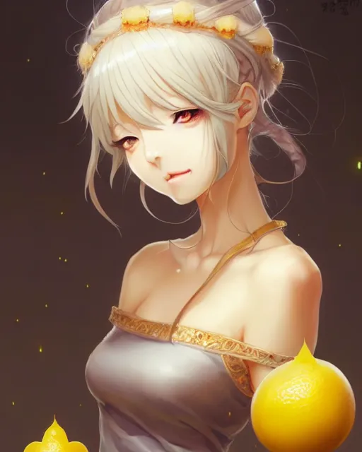 Image similar to character concept art of an anime goddess of lemons | | cute - fine - face, pretty face, realistic shaded perfect face, fine details by stanley artgerm lau, wlop, rossdraws, james jean, andrei riabovitchev, marc simonetti, and sakimichan, tranding on artstation