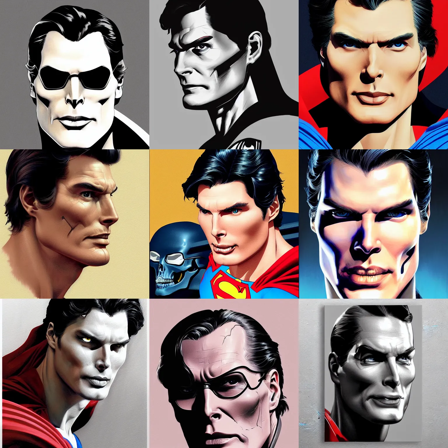 Prompt: Christopher reeve!!! side of the face is terminator skull exposed , superman costume, realistic shaded perfect face, fine details. not anime. Realistic shaded lighting poster by Ilya Kuvshinov katsuhiro, magali villeneuve, artgerm, Jeremy Lipkin and Michael Garmash, Rob Rey and Kentarõ Miura style, trending on art station