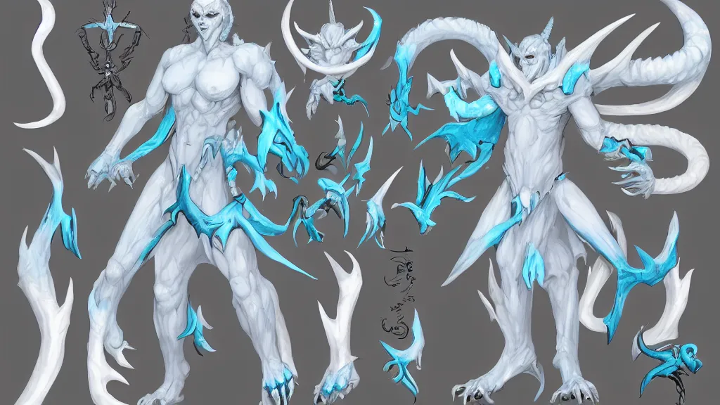 Image similar to a fantasy white and pale blue draconian demon with bright eyes character design sheet, trending on artstation