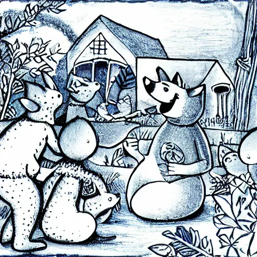 Prompt: the blue cucumber man telling a story to a group of little foxes, children book illustration