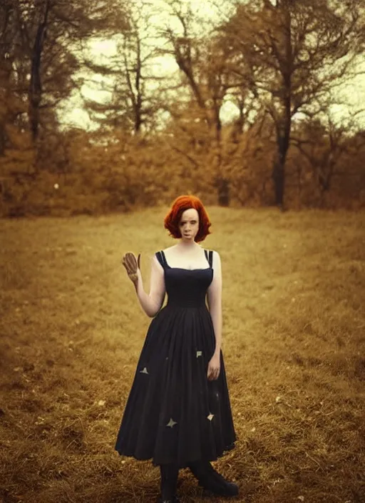 Prompt: upper body photograph portrait of a very pretty!!! christina hendricks in starfield, symmetric face, petzval lens. out of focus, sharp focus, smooth, space station. by alesio albi and george lucas and stanley kubrick