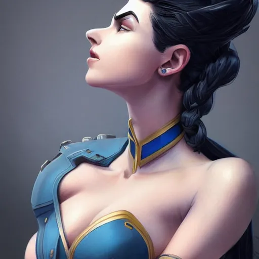 Prompt: character portrait of Widowmaker from Overwatch, blue skin, intricate, wild, highly detailed, digital painting, artstation, upper body, concept art, smooth, sharp focus, illustration, art by artgerm and greg rutkowski and alphonse mucha
