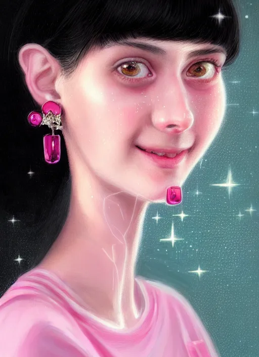 Image similar to portrait of teenage girl, realistic, black hair, bangs, half updo hairstyle, pointy nose, skinny, smile, ugly, defined jawline, big chin, pink hair bow, earrings, intricate, elegant, glowing lights, highly detailed, digital painting, artstation, sharp focus, illustration, art by wlop, mars ravelo and greg rutkowski