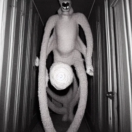 Prompt: grainy photo of a wavy tube man as a creepy monster in a closet, harsh flash