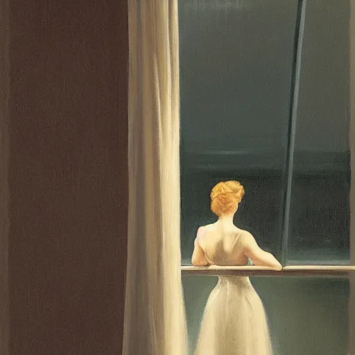 Image similar to silhouette of a woman gazing out her hotel window at the rain, extremely detailed masterpiece, oil on canvas, low-key neon lighting, in the world of Edward Hopper, artstation, by J. C. Leyendecker and Peter Paul Rubens,