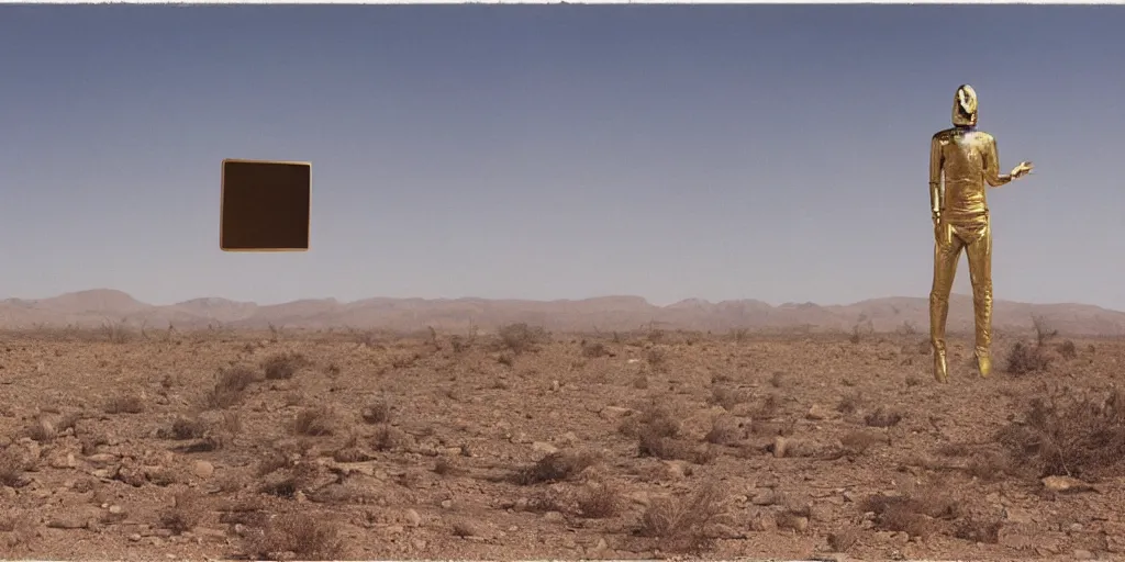 Image similar to levitating ghost silhouette with full - face golden mask in a dry rocky desert landscape, visible sky and sunny atmosphere, fata morgana and giant square mirrors by alejandro jodorowsky, anamorphic lens, kodakchrome, practical effects, masterpiece, 8 k