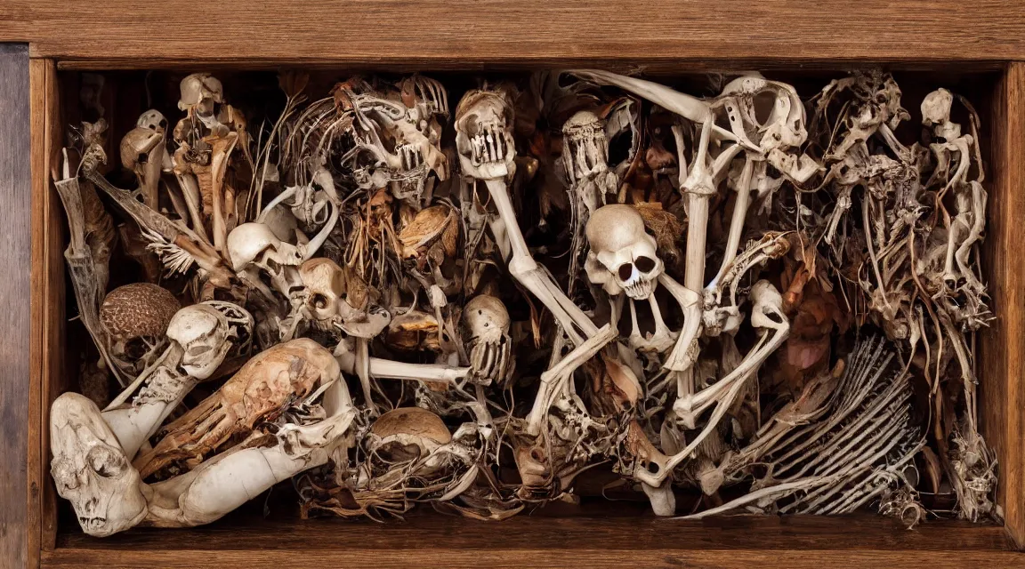 Prompt: wooden box with cabinet of curiosities neatly ordenend with duck skeleton bones and living worms, photo realistic, professional photo, by Steve McCurry
