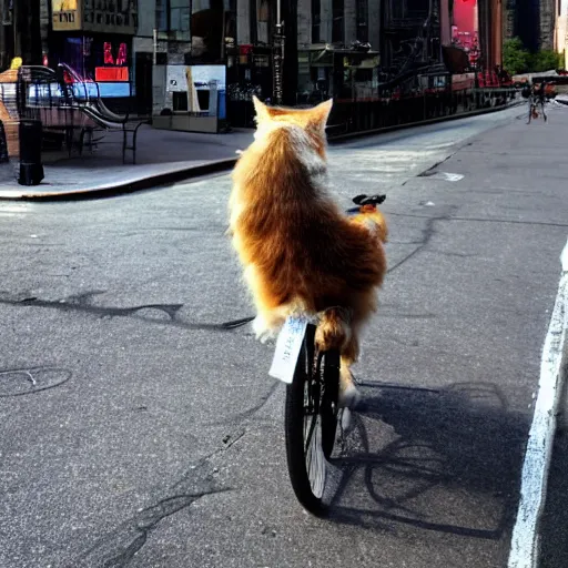 Image similar to a fuzzy cat riding a bicycle down the streets of new york city, photorealistic