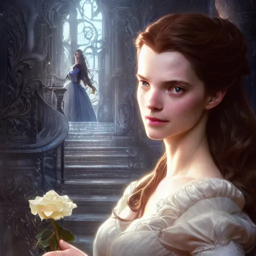 Image similar to belle beauty and the beast ; ultra realistic, concept art, intricate details, eerie, haunting, highly detailed, photorealistic, octane render, 8 k, unreal engine. art by artgerm and greg rutkowski and charlie bowater and magali villeneuve and alphonse mucha