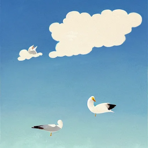 Prompt: Sky full of fluffy clouds with a family of seagulls trying to fish in the sea, ilustration art by Goro Fujita