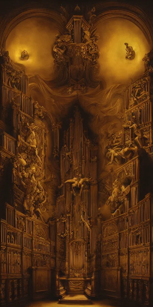 Prompt: pipe organ pies and ghosts intricately carved from dark smoke, high detail baroque oil painting, golden ratio, volumetric light, godrays, terrifying geometry, alan lee, caravaggio, michelangelo