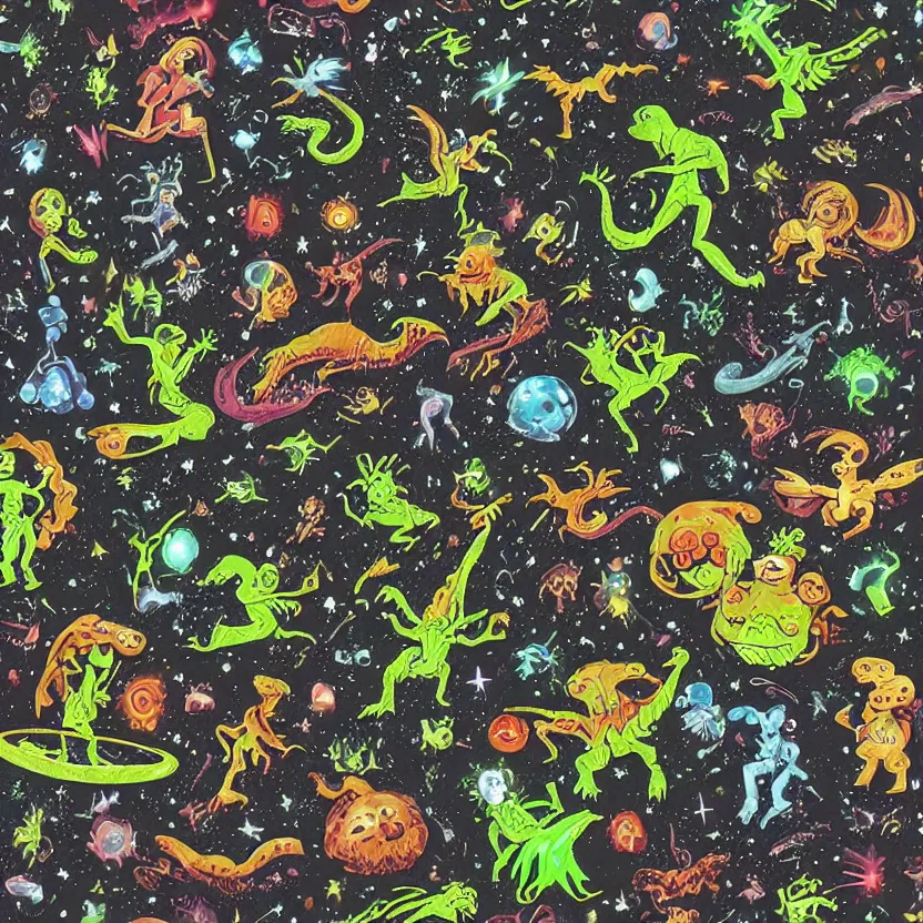 Image similar to extraterrestrial sprites, fairies, and dinosaurs. pulp science fiction. dark background