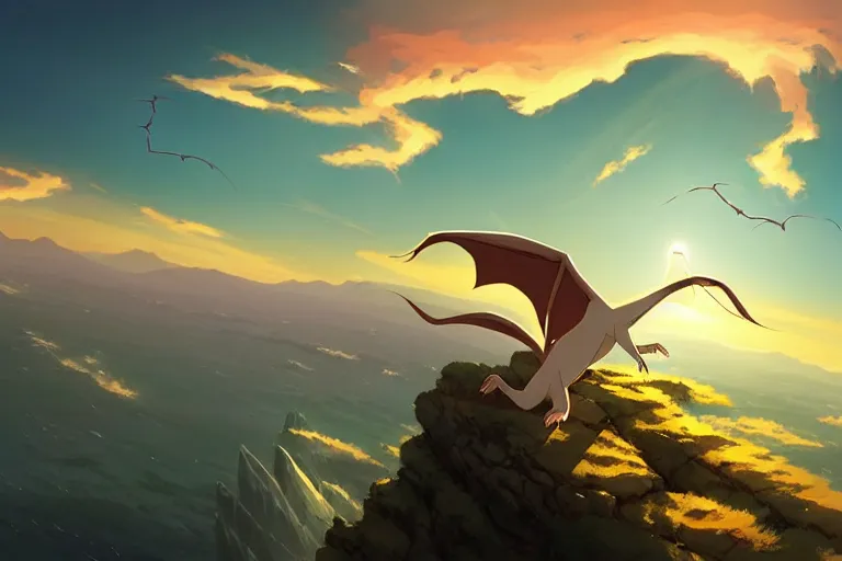 Image similar to a large smooth skinned white creature hybrid pterosaur, small quills along it's back, long fangs, sitting on a cliff high in the sky, sunset, backlit, beautiful composition, by makoto shinkai an krenz cushart