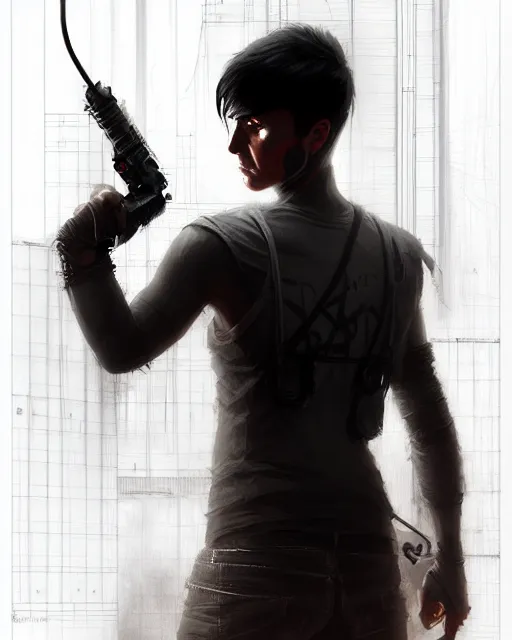 Image similar to professional concept art portrait of a diesel punk man with short black hair in a dark room by artgerm and greg rutkowski ( thin white border ). an intricate, elegant, highly detailed digital painting, concept art, smooth, sharp focus, illustration, in the style of cam sykes, wayne barlowe, igor kieryluk.