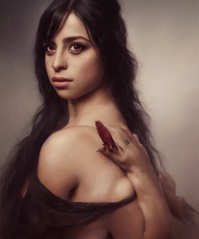 Image similar to a portrait of camila cabello by roberto ferri, dark fantasy, witcher, very detailed oil painting, masterpiece, 8 k