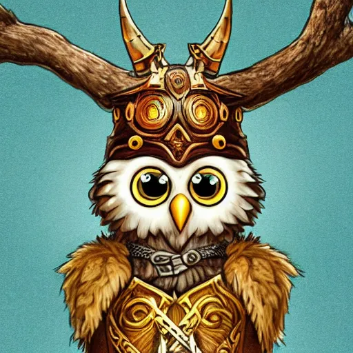 Prompt: A highly detailed, cute anthropomorphic owl wearing a horned viking helmet and shield standing in front of a tree. Artstation.