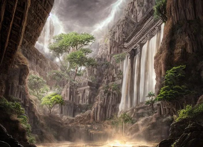 Image similar to An amazing interior of the temple of the gods of nature, intricate details, vast open interior, amazing and tall waterfalls, dramatic lighting, digital art, trending on Artstation, dark, hyper-realistic, detailed