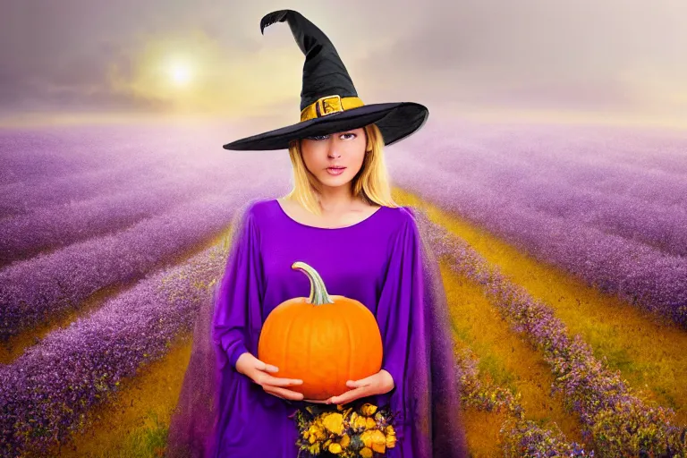 Prompt: a young witch, with a large hat covered in amethyst flowers and golden pumpkin, realistic detailed purple eyes, in a misty pumpkin field at night