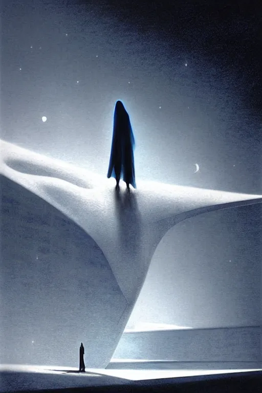 Image similar to emissary snowy space by arthur haas and bruce pennington and john schoenherr, cinematic matte painting, zaha hadid building, photo realism, dark monochrome color palate, small woman silhouette