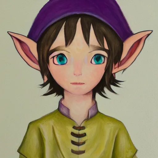 Prompt: little elf boy, purple tunic, soft hair. light color palate, detailed soft painting, made in abyss art style, anatomically correct, inspired in balthus