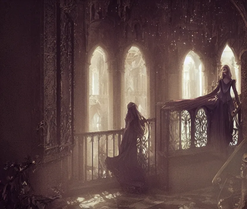 Prompt: the balcony scene from Romeo and Juliet as a dark fantasy, gothic romance, Nicholas Hoult as Romeo, and Elle Fanning as Juleit gloomy and foggy atmosphere, octane render, artstation trending, horror scene, highly detailded