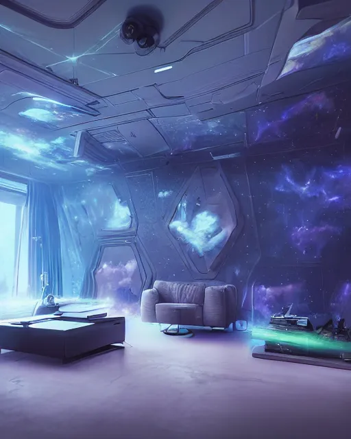 Image similar to artstation scifi scene of a safe room as ikea ad, lounge furniture, carpeted floor, sky mural on the room ceiling, holographic nature art walls, large terrarium, paneled walls, unreal engine 5, hyper realism, realistic shading, cinematic composition, blender render, octane render, hdr, detailed textures, photorealistic, wide shot