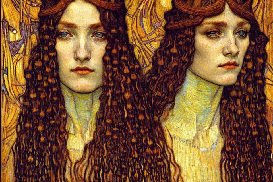 Image similar to detailed realistic beautiful young medieval queen face portrait by jean delville, gustav klimt and vincent van gogh, art nouveau, symbolist, visionary, gothic, pre - raphaelite, muted earthy colors, desaturated