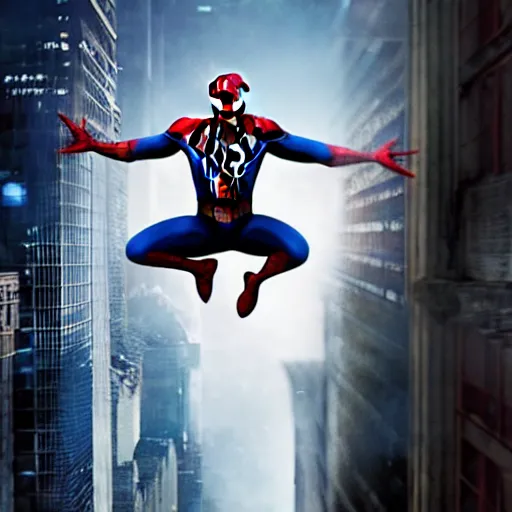 Image similar to film, movie still, film still of Dustin Henderson as Spiderman, 2023, dramatic lighting, movie poster, cinematic action scene, realistic, high definition quality, best movie of the year, award winning film
