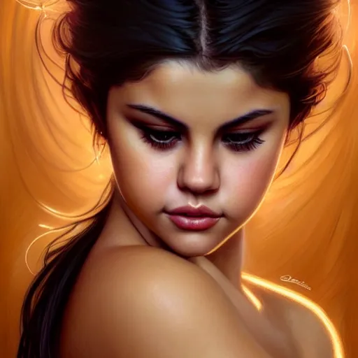 Prompt: beautiful portrait of selena gomez, natural beauty expressive pose, fantasy, intricate, elegant, highly detailed, digital painting, artstation, concept art, smooth, sharp focus, illustration, art by artgerm and greg rutkowski and alphonse mucha, cinematic soft lighting, fashion glamour photography