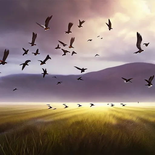 Image similar to closeup flock of swallow birds flying in avila, golondrinas, green fields, oak, spring season, 4 k, morning light, concept art, by wlop, ilya kuvshinov, artgerm, krenz cushart, greg rutkowski, pixiv. cinematic dramatic atmosphere, sharp focus, volumetric lighting, cinematic lighting, studio quality