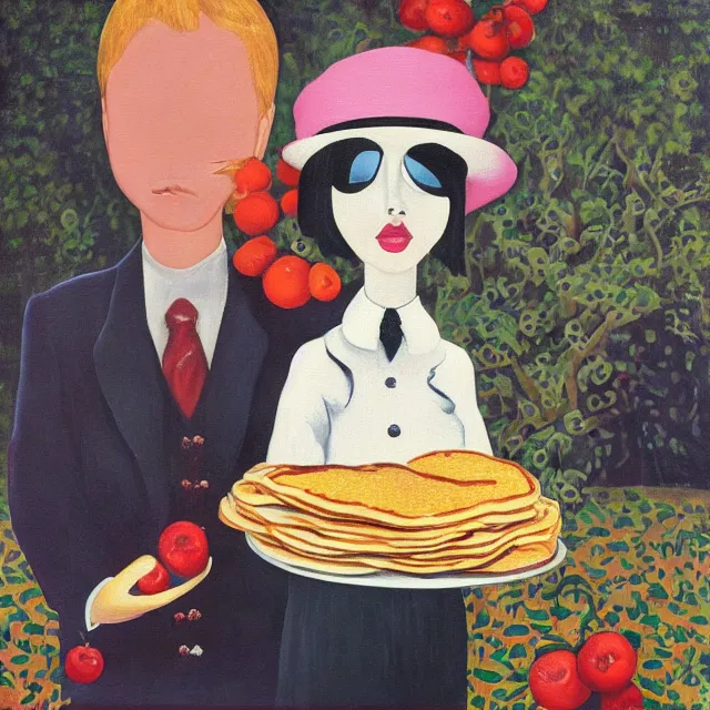Prompt: tall emo female artist holding pancakes, in chippendale sydney, maple syrup, gold bullion, berries, pigs, octopus, acrylic on canvas, surrealist, by magritte and monet