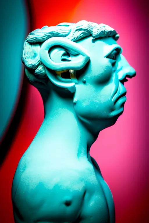 Prompt: hyperrealistic profile rococo human face with neon blue eyes and mechanical mouth Stanley Artgermm very soft teal lighting wide angle 35mm shallow depth of field 8k