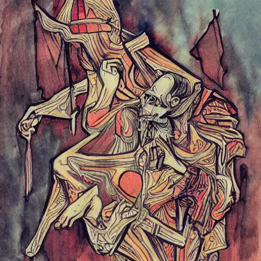 Image similar to hunchback death pilgrimage, in the style of tom jung, colourful hand drawing, beautiful faces, dramatic, tragic, intricate, detailed, beautiful