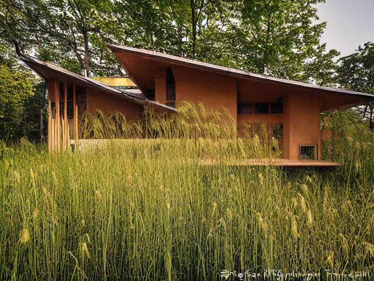 Image similar to hyperrealism design by frank lloyd wright and kenzo tange photography from 5 point of perspective of beautiful detailed small solarpunk house with many details in small detailed ukrainian village designed by taras shevchenko and wes anderson and caravaggio, wheat field behind the house, around the forest volumetric natural light