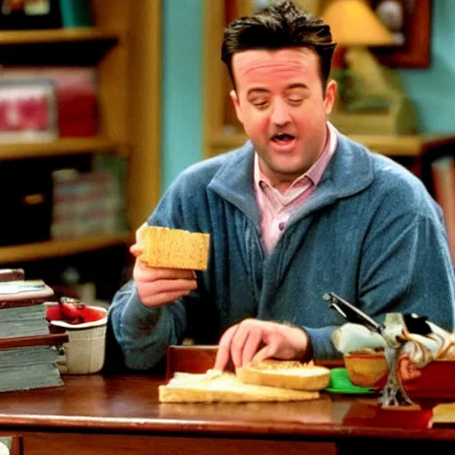 Prompt: A scene from Friends where Chandler is sited in his office desk and happily read his WENUS evaluation while eating a ham sandwich